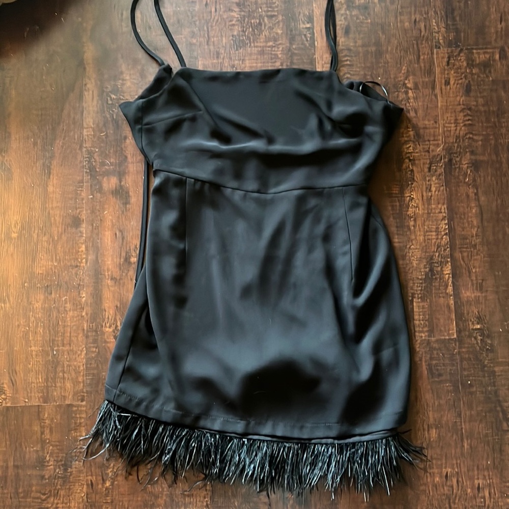 Topshop black feather fringed mini dress